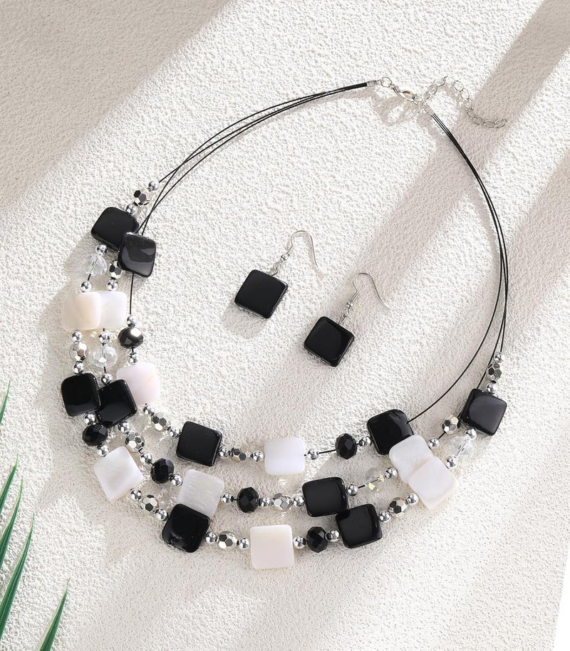 Errally Store Layered Beaded Statement Necklaces for Women Square Shell Bead Collar Necklace and Earring Set Birthday Gifts Boho Jewelry Sets for Women - Image 2